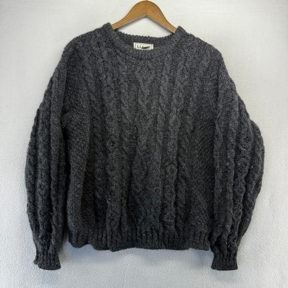 Vintage LL Bean Sweater Women's Large Grey Fisherman Cable Knit Chunky Wool 90s